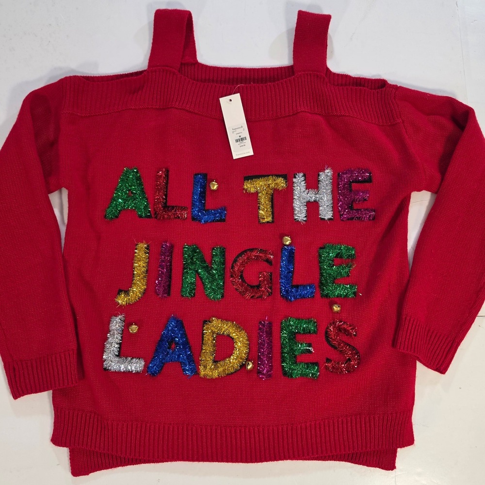 Francesca's Celebrate All The Jingle Ladies Red Holiday Sweater Cold Shoulder M